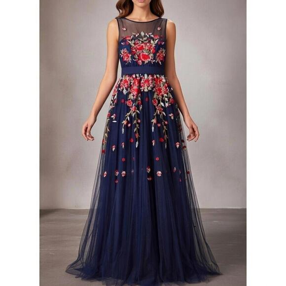 Dresses & Skirts - Minuet Dress Women Small Navy Blue Floral Embroidered Prom Formal ALine Maxi NWT